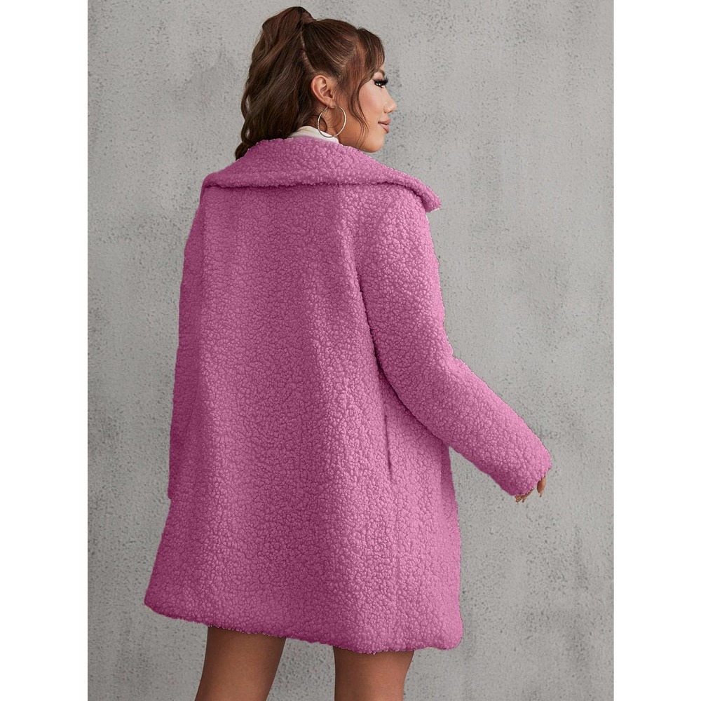 Button Front Teddy Coat Long Trench Coat Jacket hot pink faux fur - Picture 3 of 9